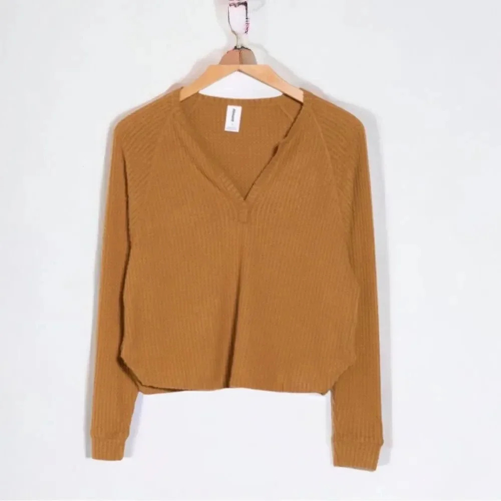 Abound Waffle Knit Notch V Neck Long Sleeve Top NEW in Tan Dale Size 2X